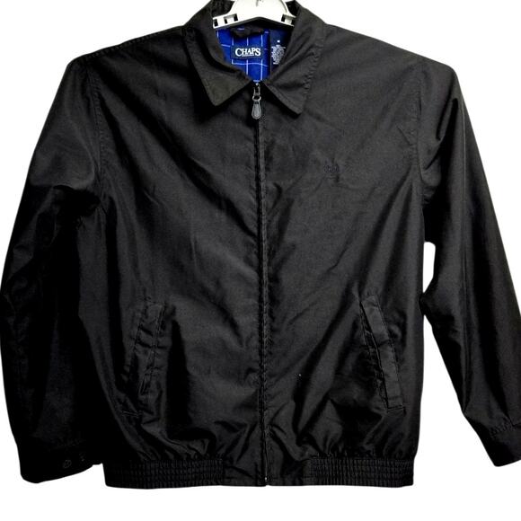 Chaps Men’s Medium Black Jacket Blue Lining Polyester Zip Up Coat Flaw on Sleeve - Picture 1 of 9